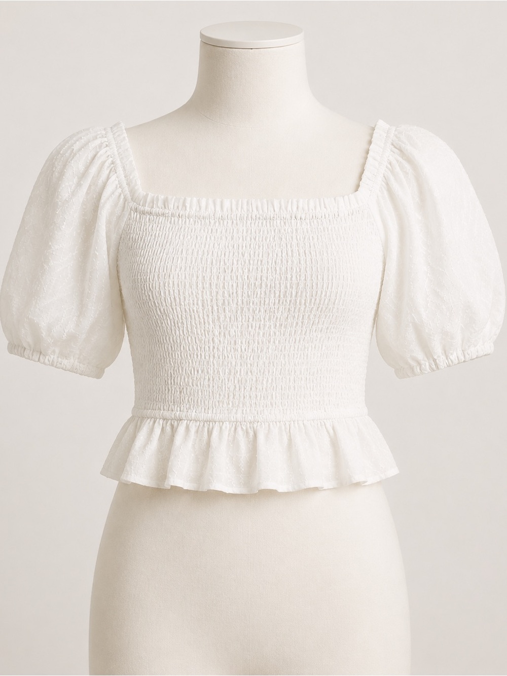 Lost + Wander White Smocked Square-Neck Puff Sleeve Peplum Crop Top